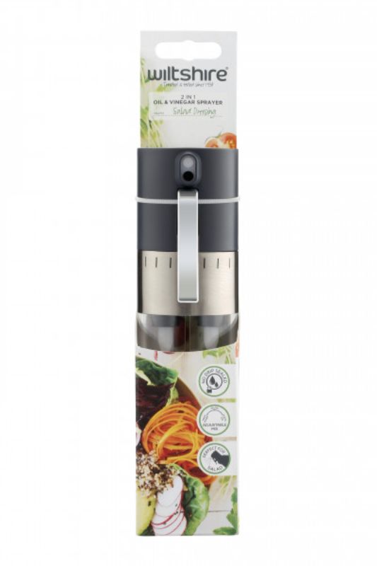 Compact Wiltshire 2 in 1 Vinegar and Oil Sprayer with adjustable knob for mess-free, healthy flavoring of meals.