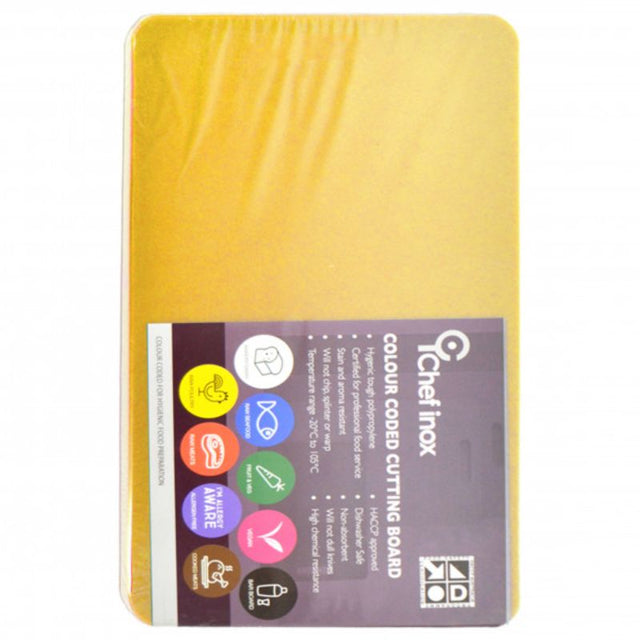 Yellow polypropylene cutting board (530x325x20 mm) for hygienic food prep, knife-friendly, HACCP certified, stain resistant.