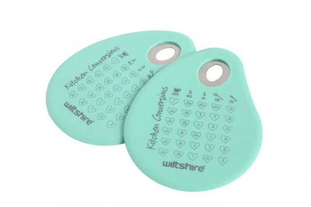 Blue Wiltshire silicone scraper set, 2 pack for easy mixing, scraping, and included measurement conversions for precise cooking.