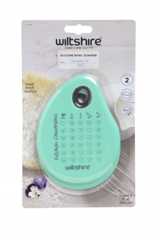 Blue Wiltshire Silicone Scraper 2 Pack, featuring liquid and dry ingredient scrapers with measurement conversions for easy cooking.