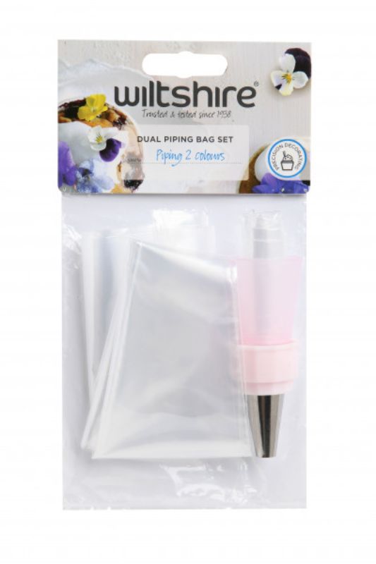 Wiltshire Dual Piping Bag Set with nozzles for precise cake and pastry decoration, perfect for choux, cakes, and macarons.