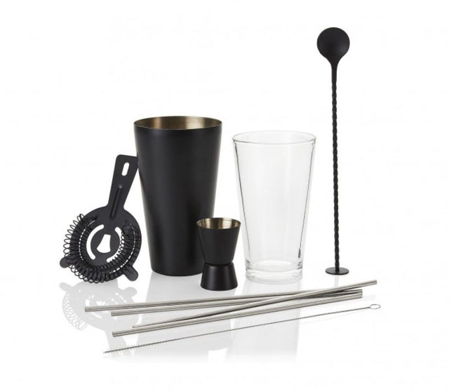 Stanley Rogers 10pc cocktail set with matte black shaker, jigger, mixing glass, and eco-friendly straws in a gift box.