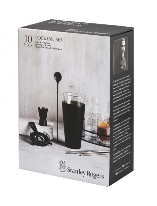 Stanley Rogers 10pc cocktail set in matte black stainless steel, includes shaker, jigger, mixing glass, strainer, and more.