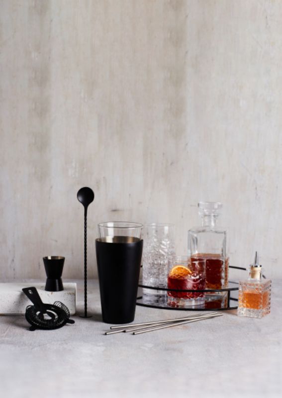 10-piece Stanley Rogers cocktail set featuring matte black and stainless steel tools for mixing and serving cocktails elegantly.