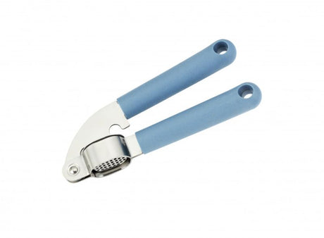 Eco-friendly garlic press made from stainless steel with a bio-based handle for easy mincing and sustainable kitchen use.