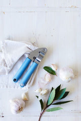 Eco-friendly garlic press with stainless steel design and 98% bio-based handle for sustainable cooking.