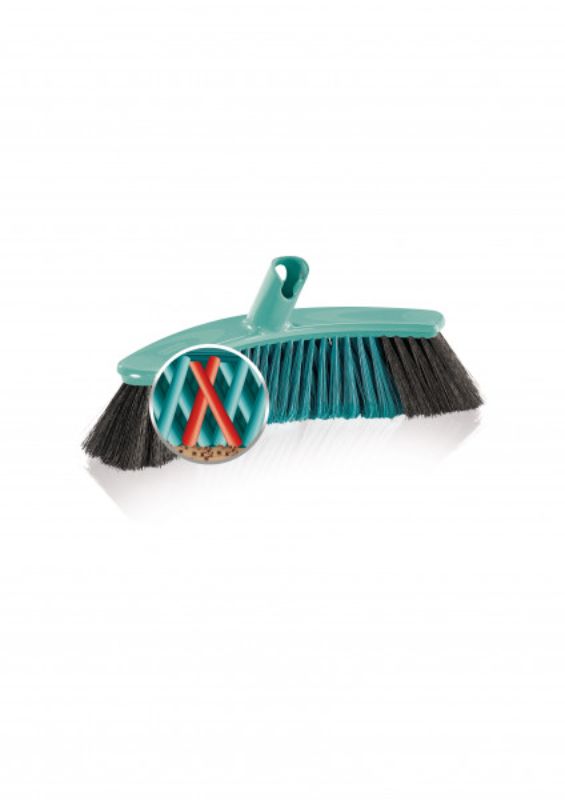 Leifheit Click System Broom Xtra Clean Collect 30cm with X-shaped bristles, ideal for efficient dirt collection on tiled floors.