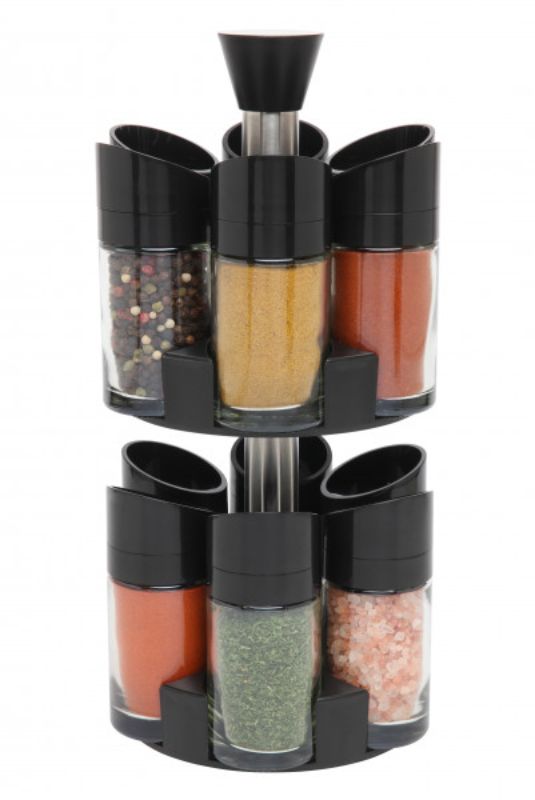 Wiltshire Spice Carousel set featuring 12 glass jars, rotating design, customizable labels, and multiple dispensing options.