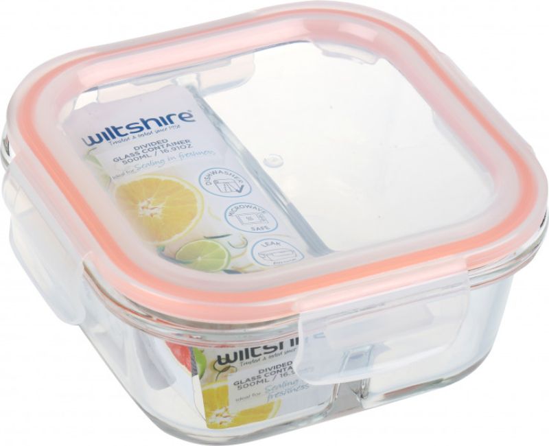 Square glass food container with 2 dividers and airtight seal, perfect for meal prep and storage.