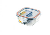 Square glass food container with two dividers, 500ml, airtight seal, ideal for meal prep and storage.