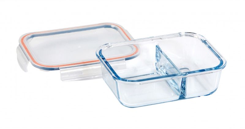 Wiltshire rectangle glass container with 2 dividers, 930ml capacity, airtight seal, ideal for meal prep and food storage.