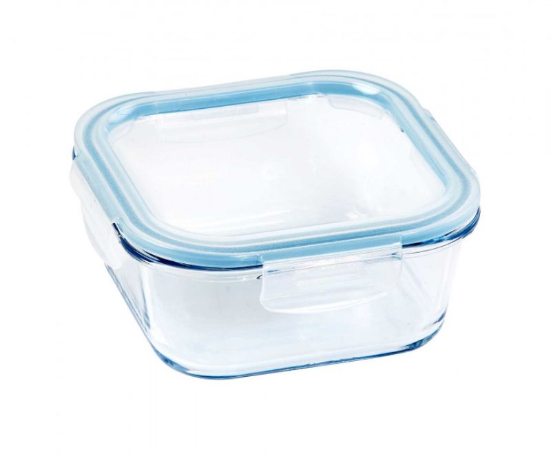 800ml square glass container with airtight seal, ideal for meal prep and food storage, featuring durable borosilicate glass.