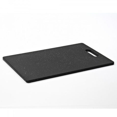 Stylish, dark kitchen chopping board made from durable, non-toxic plastic; includes a handle and is dishwasher safe.