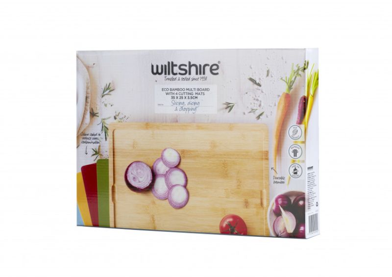 Wiltshire Eco Bamboo Multi Board with four color-coded mats for eco-friendly, safe food prep and reduced carbon footprint.