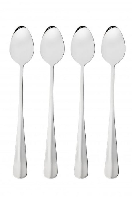 Stylish 4-piece stainless steel parfait spoons with elegant mirror finish, perfect for desserts and beverages in narrow glasses.