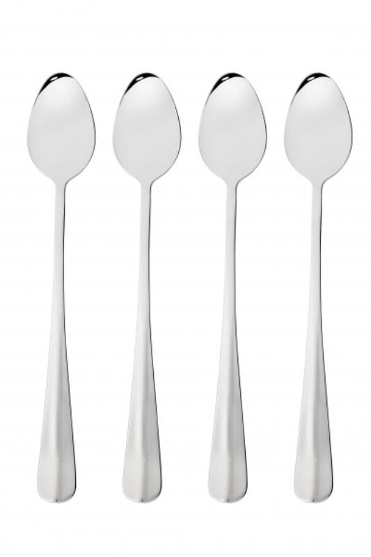 Stylish 4-piece stainless steel parfait spoons with elegant mirror finish, perfect for desserts and beverages in narrow glasses.