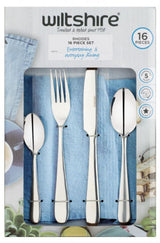 Stylish 16-piece Wiltshire Rhodes cutlery set with stainless steel finish, including forks, knives, and spoons for elegant dining.