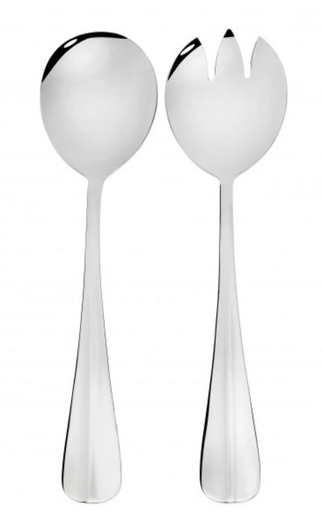 Stainless steel salad server set with mirror finish, includes fork and spoon, perfect for elegant dining and easy cleanup.