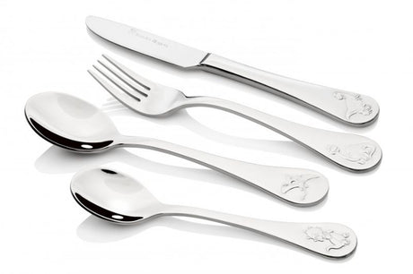 Colorful children's cutlery set with dinosaur handles, designed for small hands with a shiny stainless steel finish.