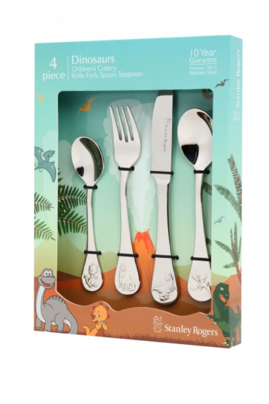 Colorful 4-piece children's cutlery set featuring unique dinosaur designs, perfect for little hands and fun mealtimes.