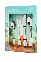 Colorful 4-piece children's cutlery set featuring unique dinosaur designs, perfect for little hands and fun mealtimes.