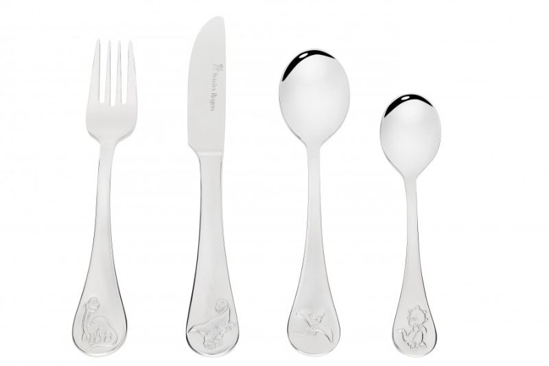 Colorful 4-piece children's cutlery set featuring unique dinosaur designs, perfect for tiny hands and playful mealtimes.