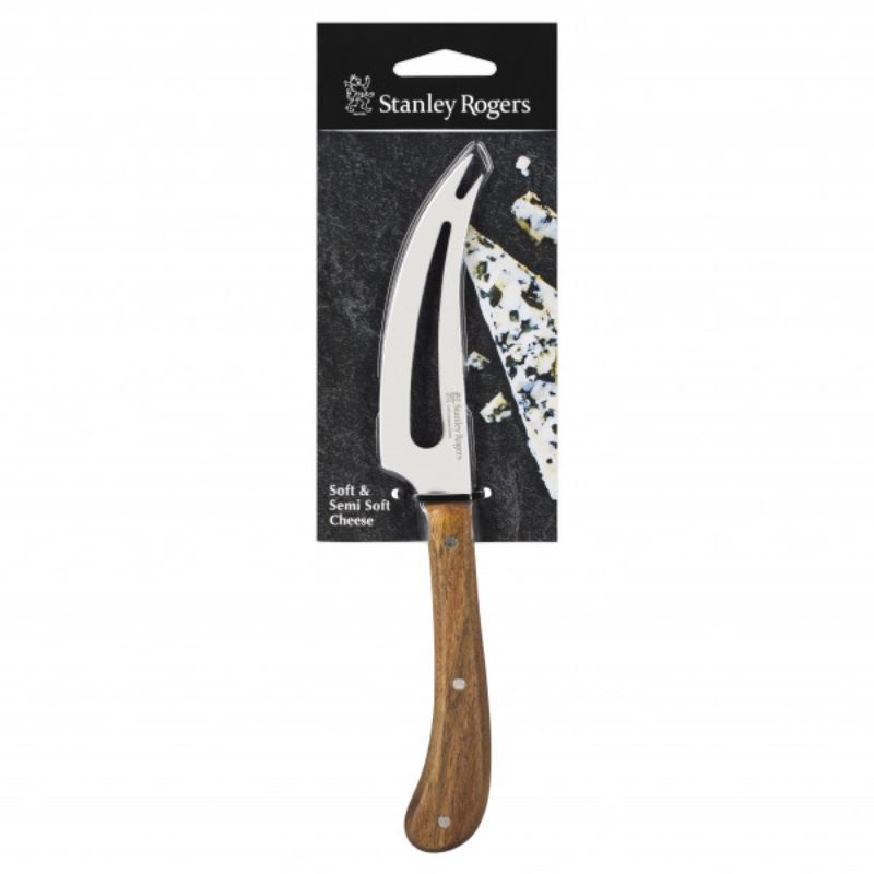 Stanley Rogers Pistol Grip Acacia Knife, designed for soft cheeses, featuring a slotted blade and ergonomic wood handle.