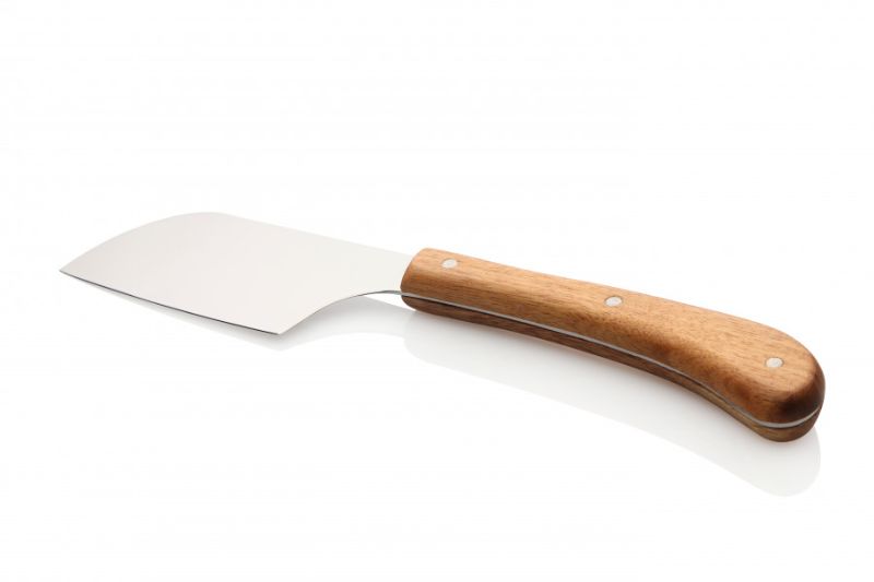 Pistol grip acacia mini cleaver designed for slicing crumbly cheeses, featuring an elegant handle and mirror-polished blade.