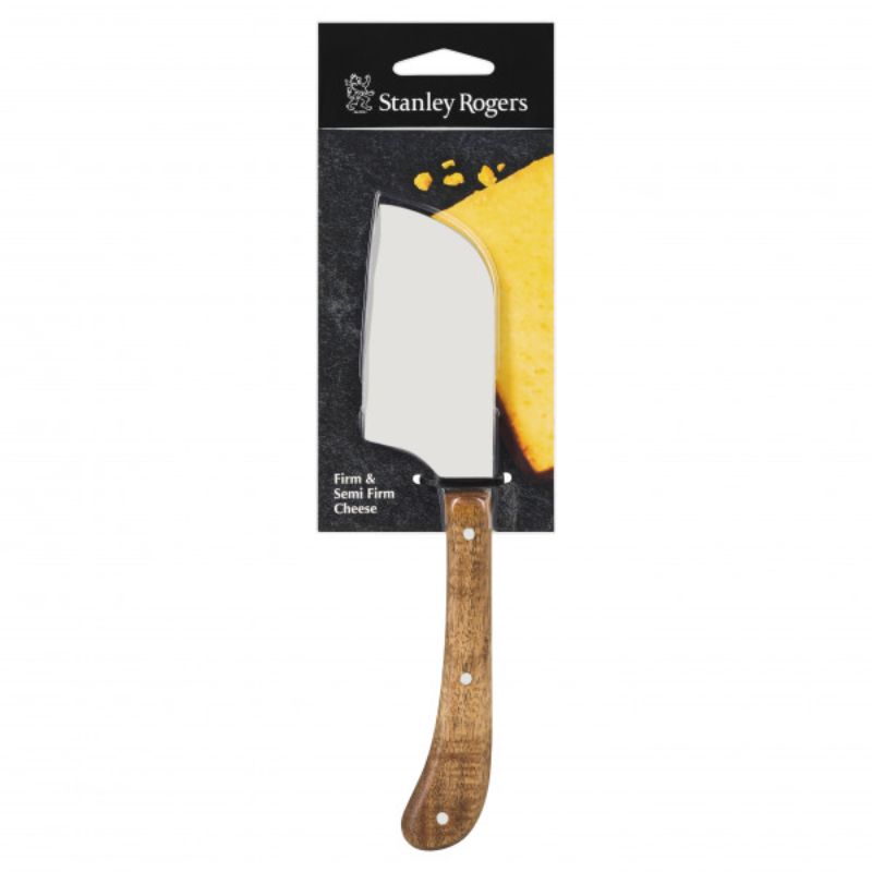 Pistol grip acacia mini cleaver with wide blade, perfect for slicing crumbly cheeses with elegance and comfort.