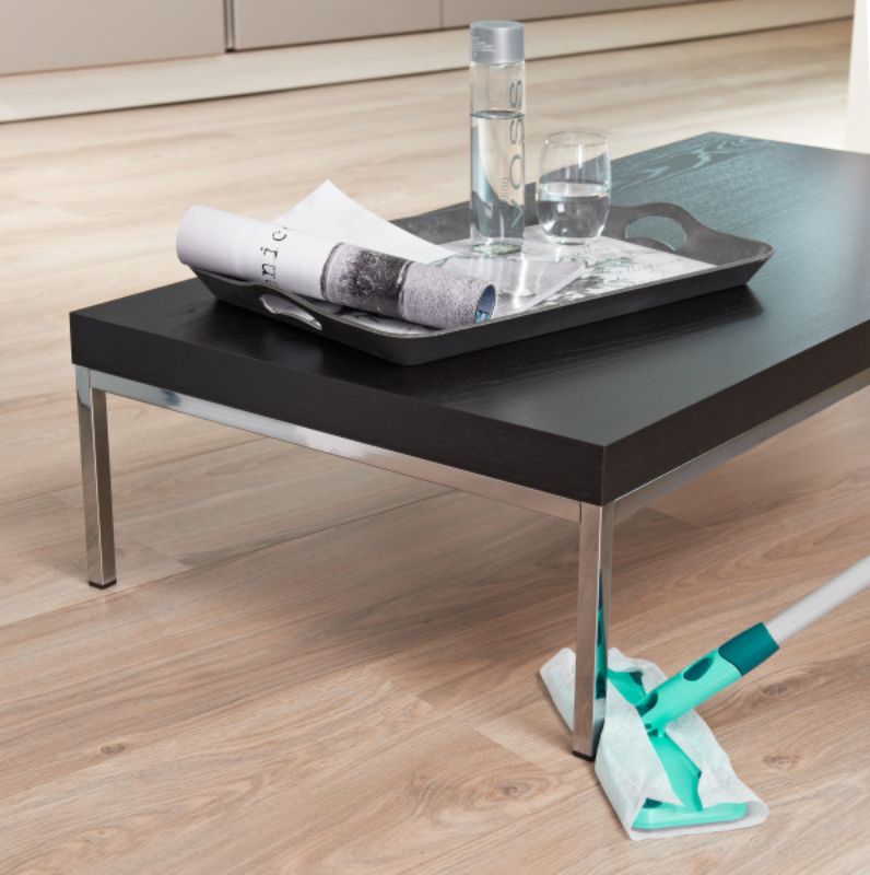 Leifheit Clean & Away Floor Duster with static dust cloths, featuring a 36-degree joint for easy cleaning around furniture.