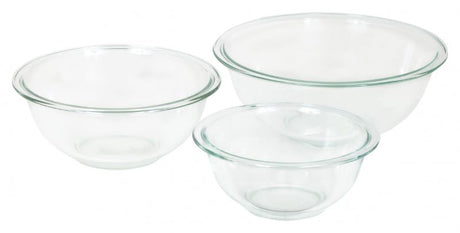 Set of two durable Pyrex glass mixing bowls, perfect for cooking, serving, and storage, with convenient nesting design.