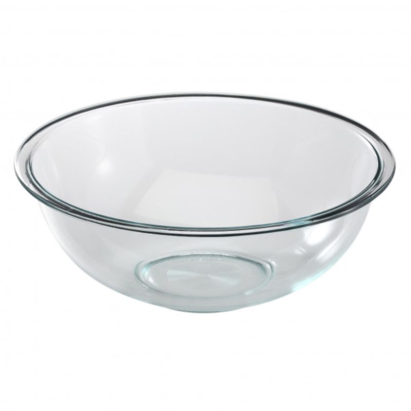 Set of 4 Pyrex Smart Essentials mixing bowls, 3.8L capacity, durable glass, nestable design, microwave and dishwasher safe.