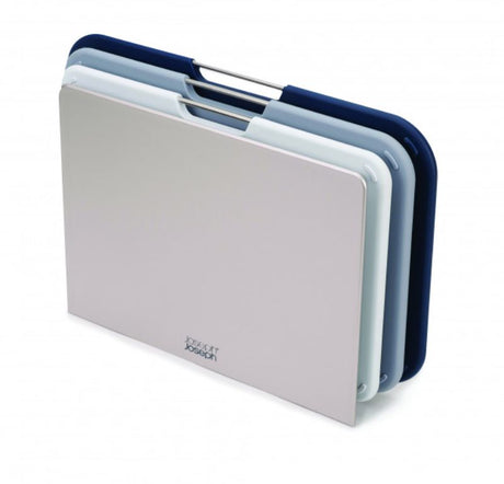 Joseph Joseph Nest Boards Set: grey color-coded chopping boards with storage stand, non-slip feet, and easy-lift design.