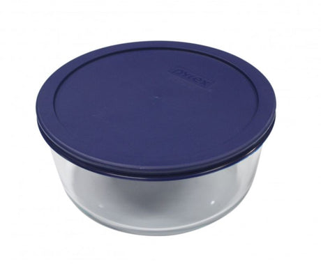 Pyrex Simply Store™ 7 Cup round glass container with blue lid, perfect for food storage, leftovers, and meal prep.