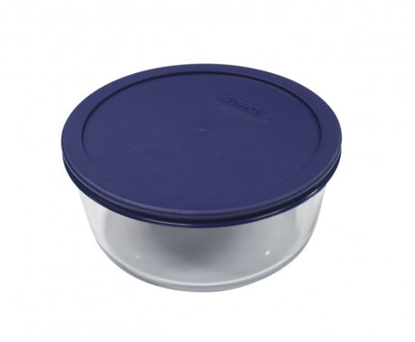 Pyrex Simply Store™ 4 Cup Round Container with blue lid, durable glass, ideal for food storage, microwave and dishwasher safe.