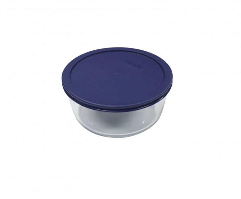 Pyrex 2-cup round glass container with blue lid, suitable for snacks and leftovers, microwave and dishwasher safe.