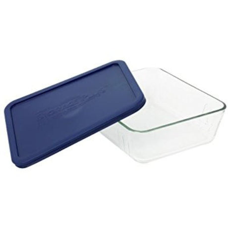 Pyrex Simply Store 3 Cup Rectangle Container with blue lid, perfect for food storage, microwave, and dishwasher safe.