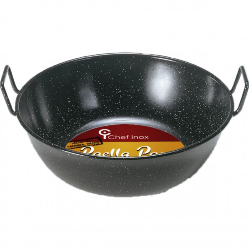 Enamel-coated deep paella pan for even cooking, durable high-carbon steel, ideal for authentic paella at home.