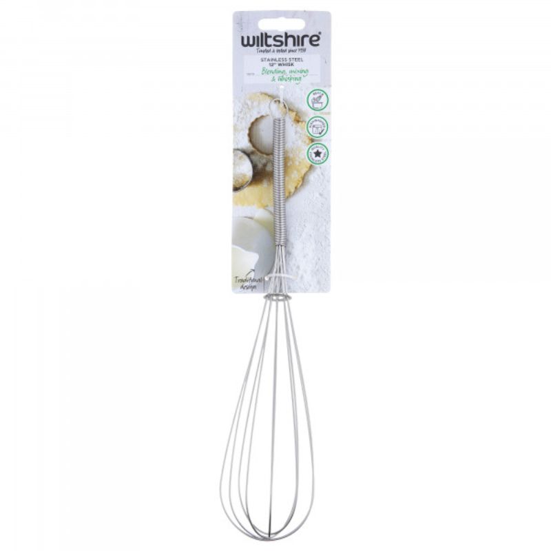 High-quality 12-inch stainless steel whisk for whipping, mixing, and aerating, featuring a traditional design and dishwasher safe.