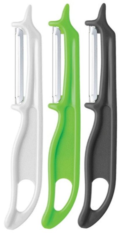 Wiltshire Peelers 3 Pack featuring dual-bladed design and comfort grip for easy peeling of fruits and vegetables.