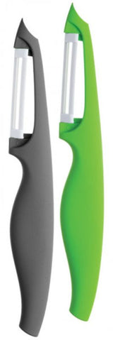 Set of two ceramic peelers with comfortable grip handles and sharp, stain-resistant blades for effortless vegetable peeling.