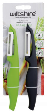 Two Wiltshire ceramic peelers featuring sharp blades and comfort grip handles, perfect for effortless vegetable peeling.