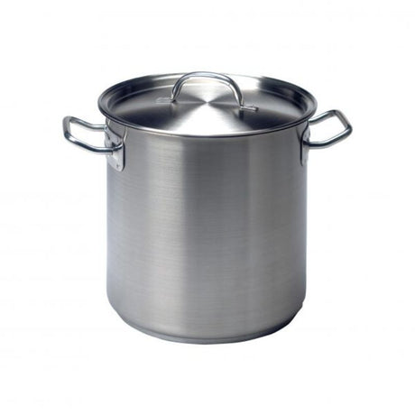 Large 98L stainless steel stockpot with lid, ideal for soups and stews, featuring a sleek design and durable construction.