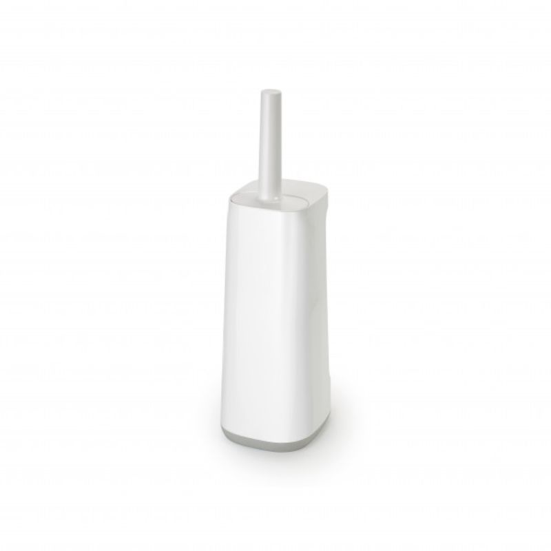 Joseph Joseph Flex toilet brush with a D-shaped head for hygienic cleaning, featuring durable silicone bristles and a stylish storage holder.