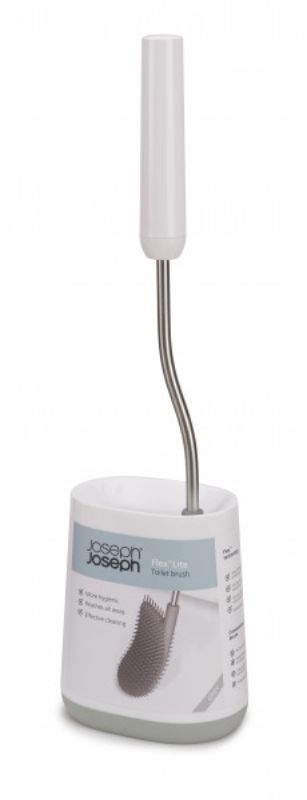 Joseph Joseph Flex Lite Toilet Brush in grey with flexible D-shaped head and anti-drip holder for efficient bathroom cleaning.