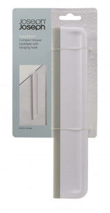 Joseph Joseph EasyStore Compact Shower Squeegee in grey/white with flexible blade and built-in hook for easy storage.