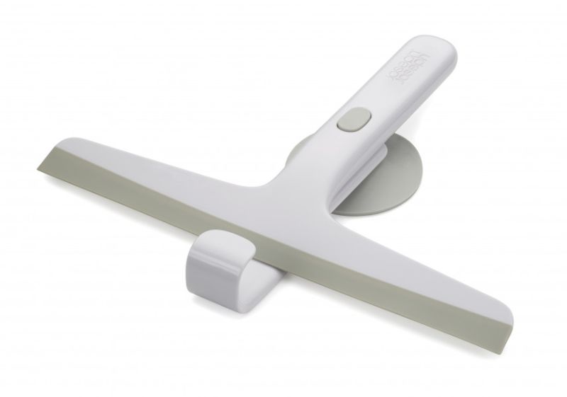 Joseph Joseph EasyStore Slimline Squeegee in Grey with storage hook, designed for efficient bathroom cleaning and organization.