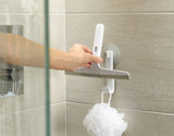 Joseph Joseph EasyStore Slimline Squeegee in grey with suction holder and hook, ideal for efficient bathroom cleaning.