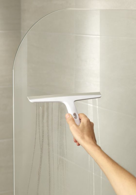 Grey Joseph Joseph EasyStore Slimline Squeegee with storage hook, designed for efficient bathroom cleaning and clutter-free organization.