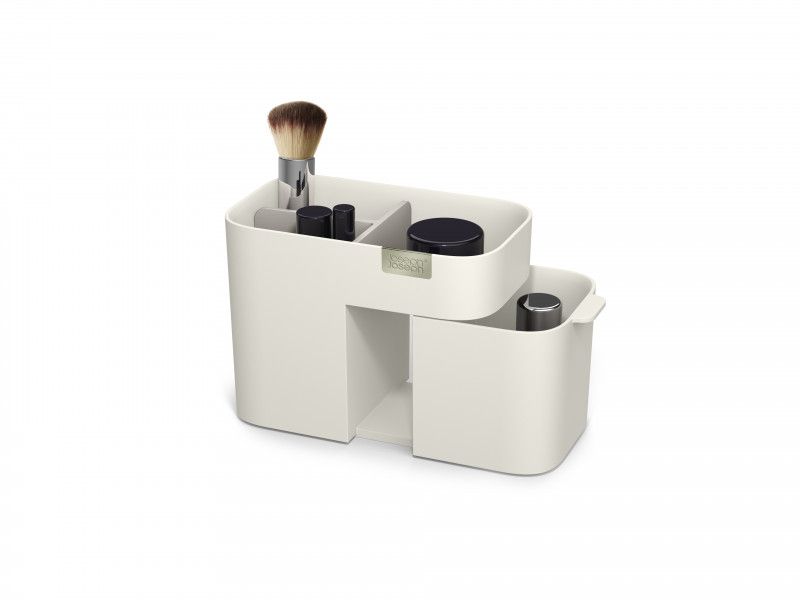 Joseph Joseph Viva Compact Cosmetic Organiser in Shell, featuring deep compartments, a drawer, and stylish chrome detail.